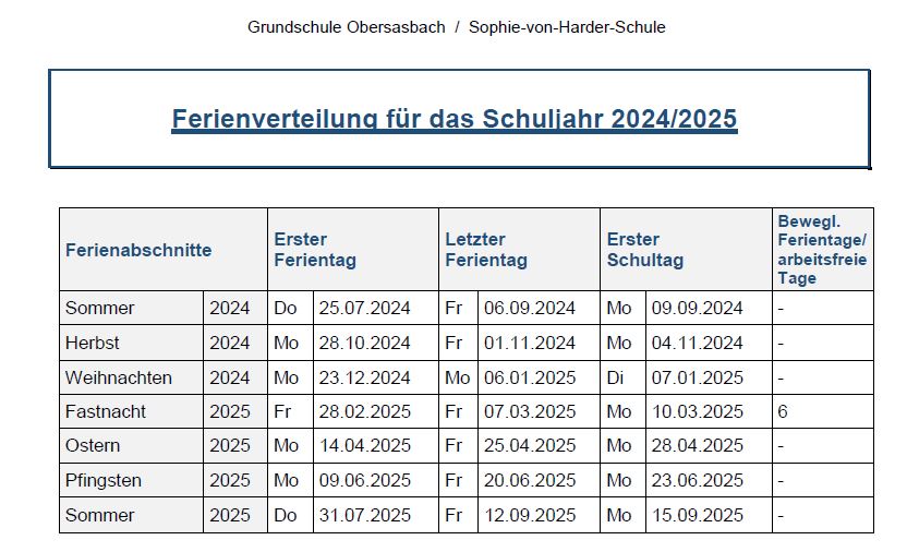 Ferienplan 2024/2025